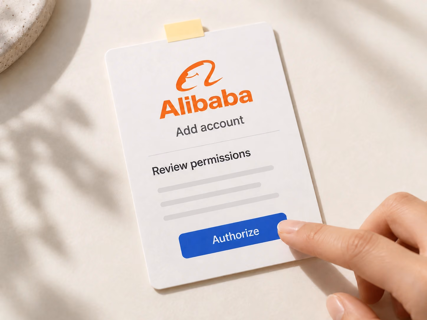 A standalone Alibaba authorization card highlights the Authorize action.